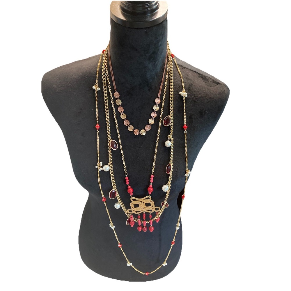Gold Tone Necklaces Lot of 4 Faux Pearls  Red Beads Classic Everyday Career Work